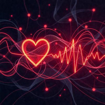 The primary subject of the image is a heart-shaped symbol, which is red and surrounded by a red and white background. The heart is located in the center of the image, and it appears to be a digital art or illustration. The setting is a dark background, which contrasts with the bright red heart. The visual style gives the impression of a modern and creative design. The colors and mood of the image are predominantly red and white, which evoke a sense of love, passion, and energy.